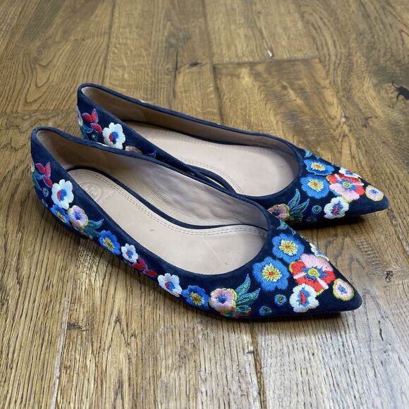 Tory Burch Rosemont Embroidered Pansy Floral Blue Suede Pointed Flats Size 5M - Picture 1 of 4